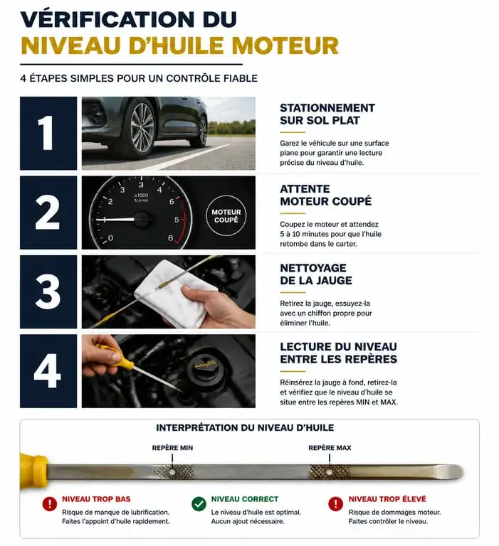 Infographie des étapes pour vérifier le niveau d'huile moteur