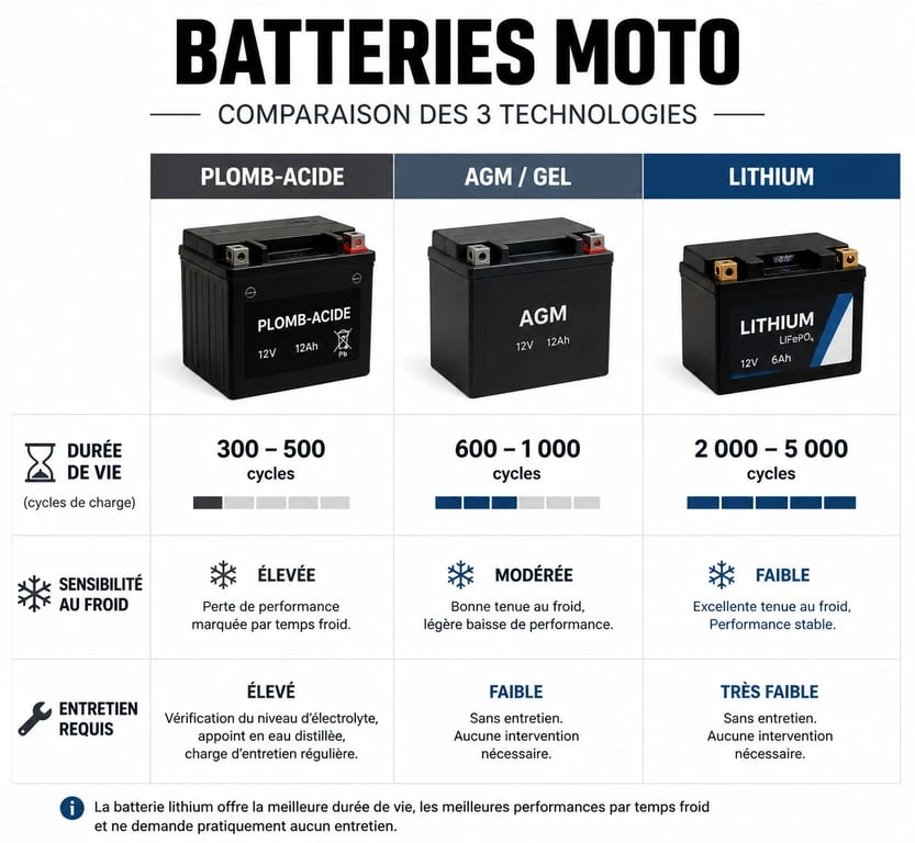 Infographie comparative des types de batteries moto : durée de vie et entretien pour une meilleure longévité de batterie moto