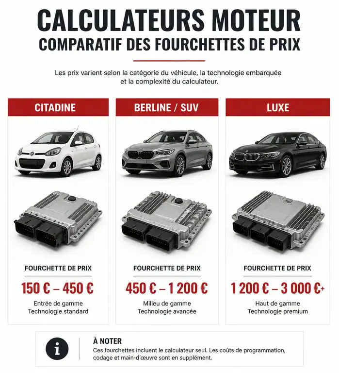 Infographie comparative des prix des calculateurs moteur par catégorie de véhicule