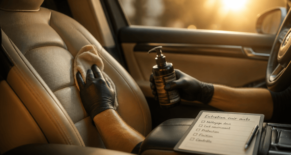 Entretien sieges en cuir voiture, application lait nourrissant