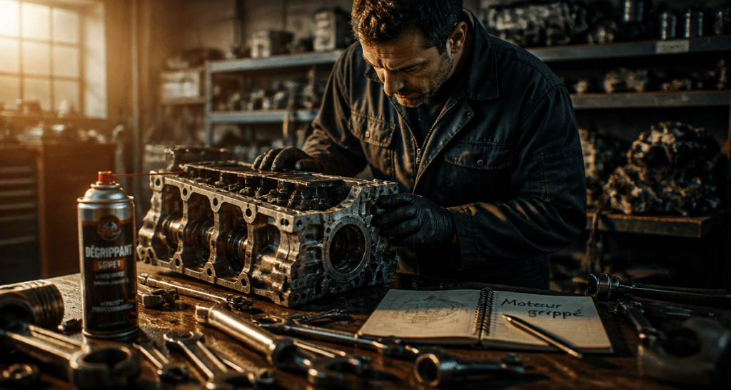 Moteur grippé sur établi, outils et dégrippant