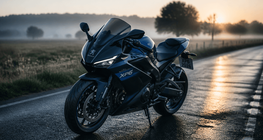 Peugeot XP6 2026 noire et bleue garée sur route