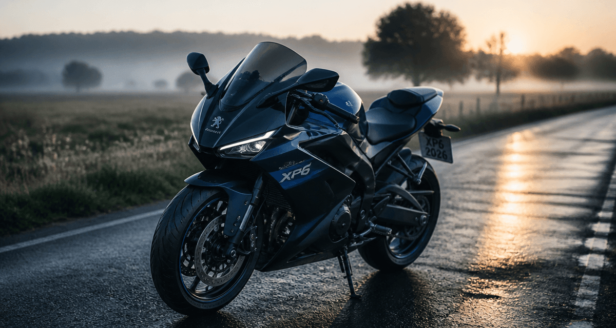 Peugeot XP6 2026 noire et bleue garée sur route