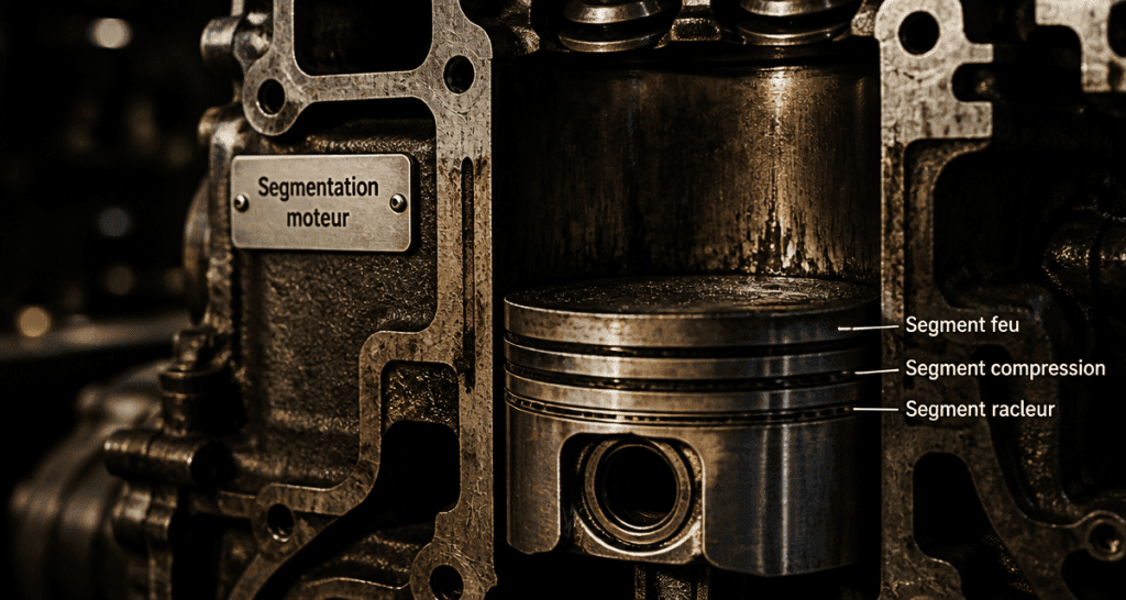 Segmentation moteur, piston et trois segments en coupe