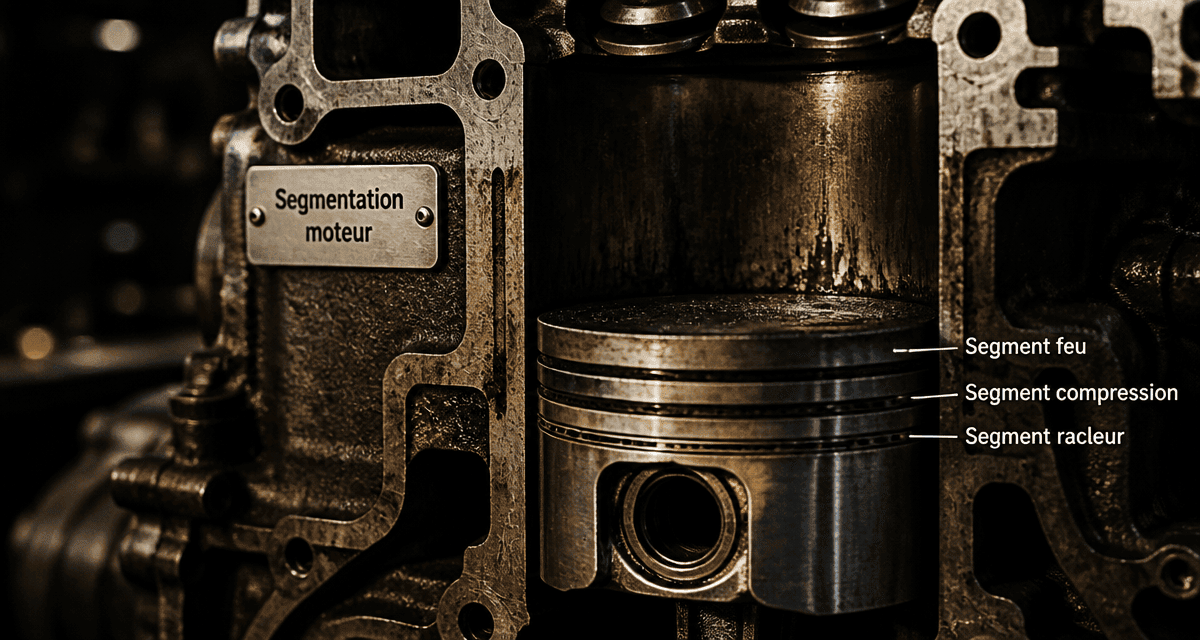 Segmentation moteur, piston et trois segments en coupe