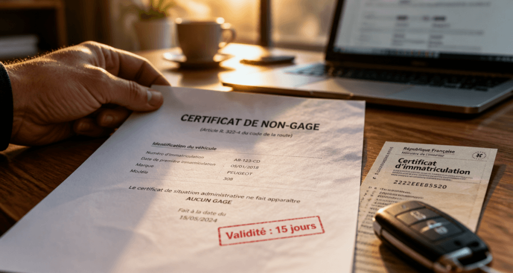 validité de certificat de non gage sur bureau avec carte grise et clé voiture