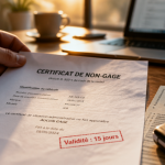 validité de certificat de non gage sur bureau avec carte grise et clé voiture