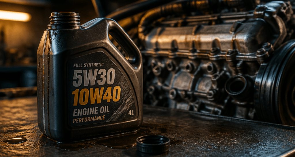 Viscosité huile moteur bidon 5W30 10W40 sur établi