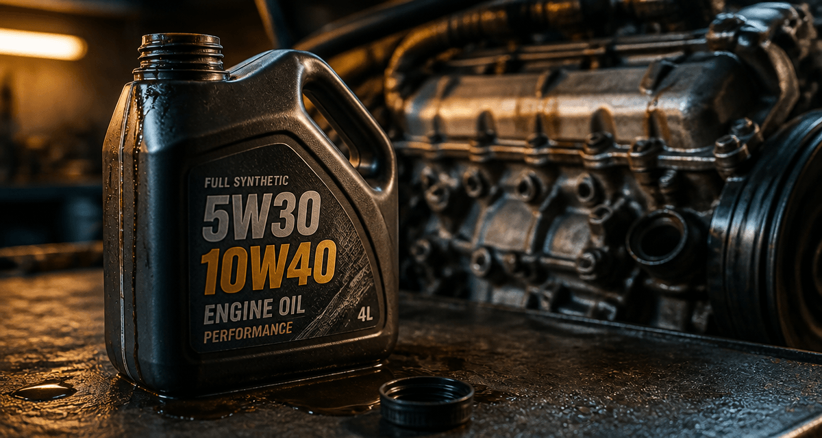 Viscosité huile moteur bidon 5W30 10W40 sur établi