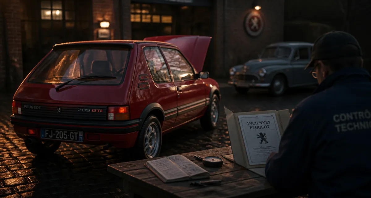 Ancienne Peugeot 205 GTI rouge sur pavés humides