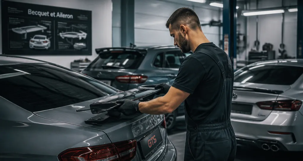 technicien pose becquet voiture berline