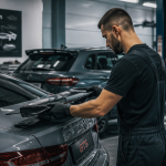 technicien pose becquet voiture berline