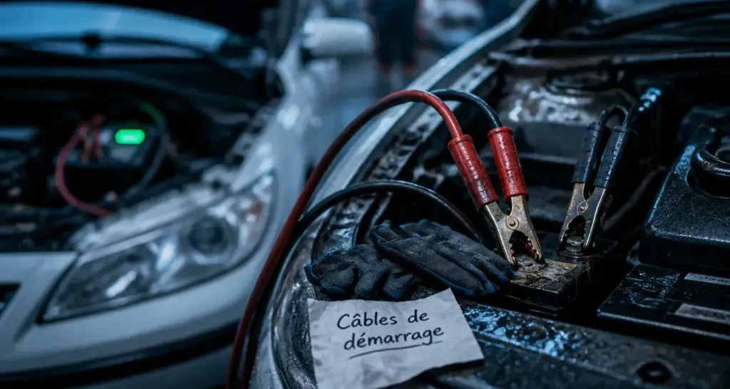 Branchement cable batterie voiture : pinces crocodiles rouges et noires sur bornes de batterie