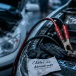Branchement cable batterie voiture : pinces crocodiles rouges et noires sur bornes de batterie
