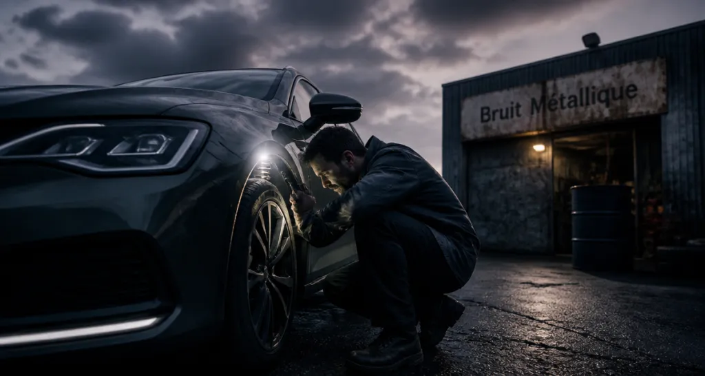 bruit métallique voiture mécanicien inspecte roue