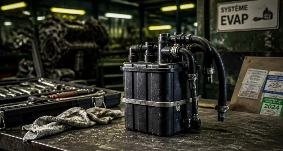 Canister voiture EVAP usé sur établi en atelier automobile
