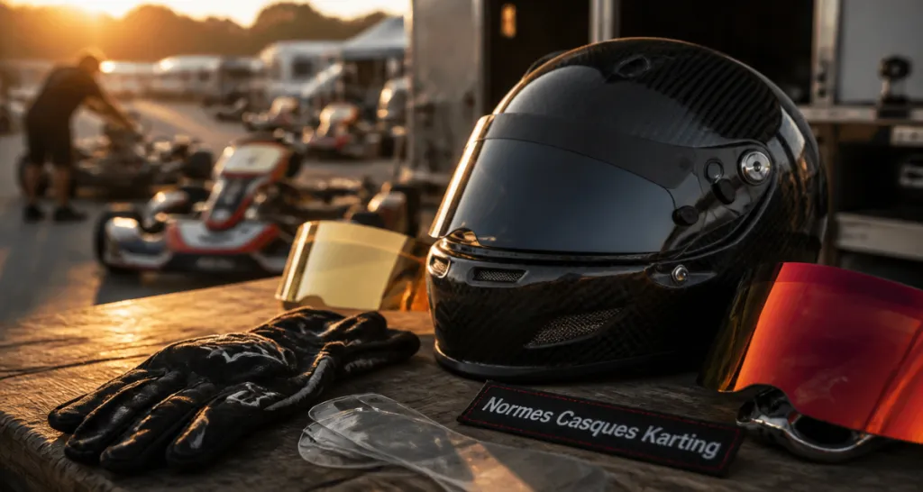 Casque karting carbone sur établi paddock