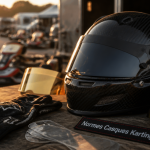 Casque karting carbone sur établi paddock