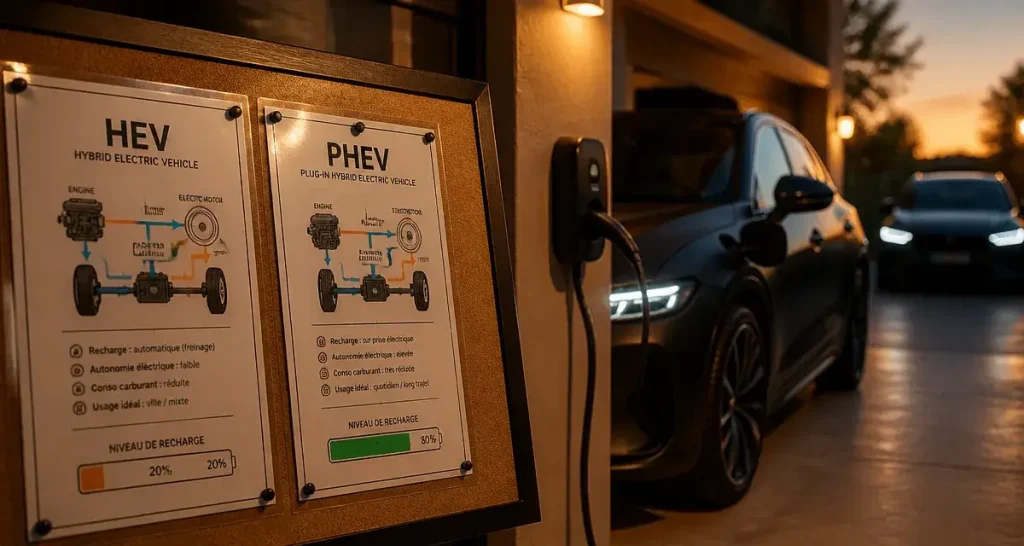 Différence entre hybride et hybride rechargeable : HEV vs PHEV, recharge possible