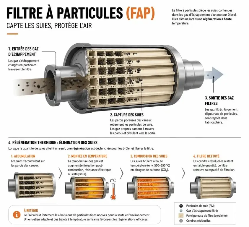 Schéma explicatif du fonctionnement d'un filtre à particules (FAP) et du processus de régénération pour éviter le risque de colmatage