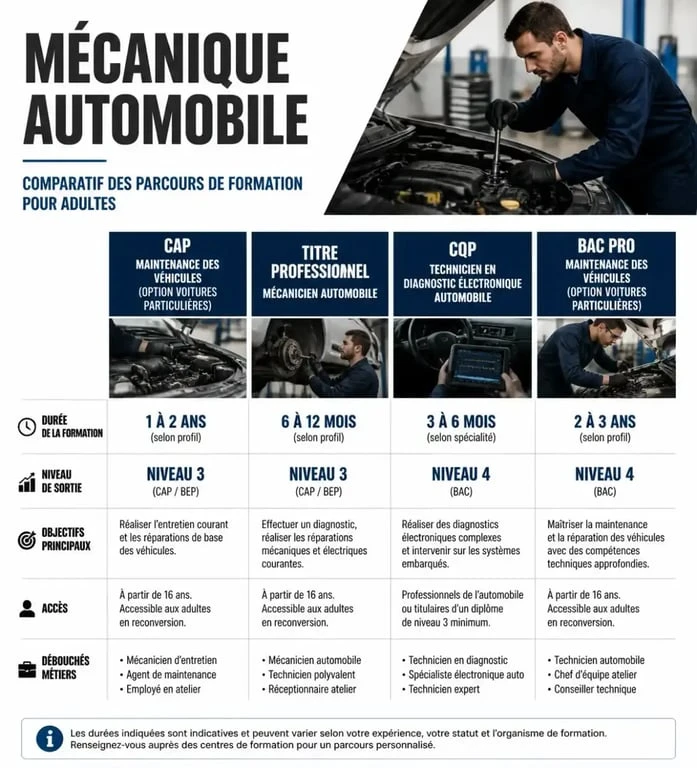 Infographie comparative des formations en mécanique automobile pour adulte