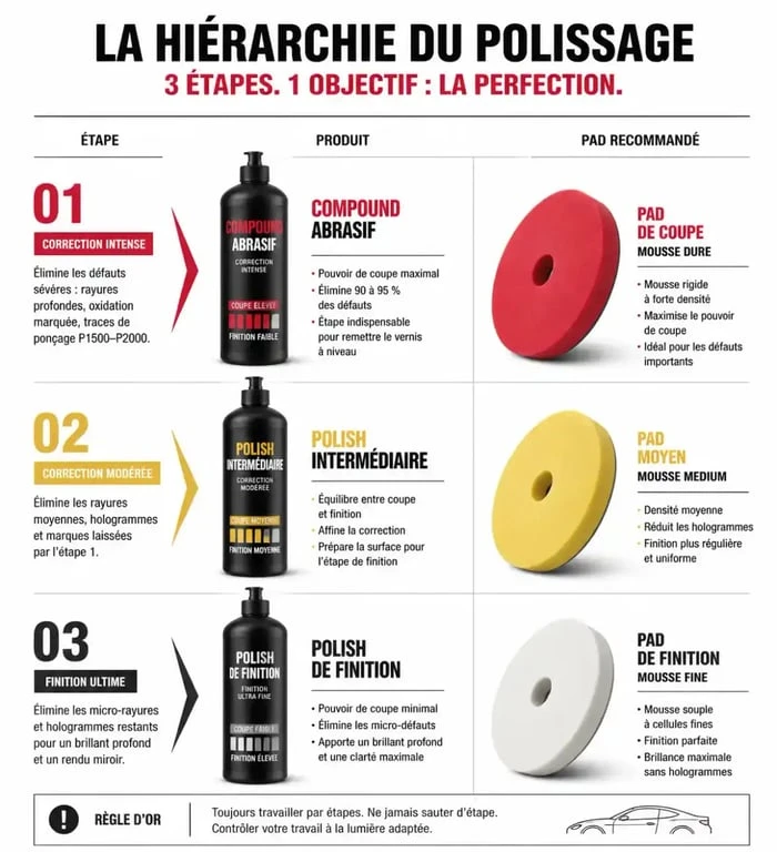 Infographie sur les étapes du polissage voiture et choix des pads