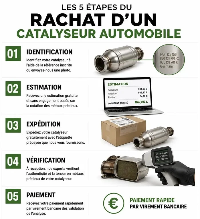 Infographie des étapes du rachat de catalyseur automobile