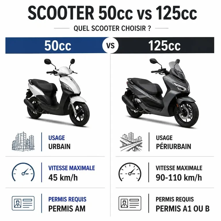 Infographie comparative des caractéristiques techniques entre un scooter essence 50cc et 125cc