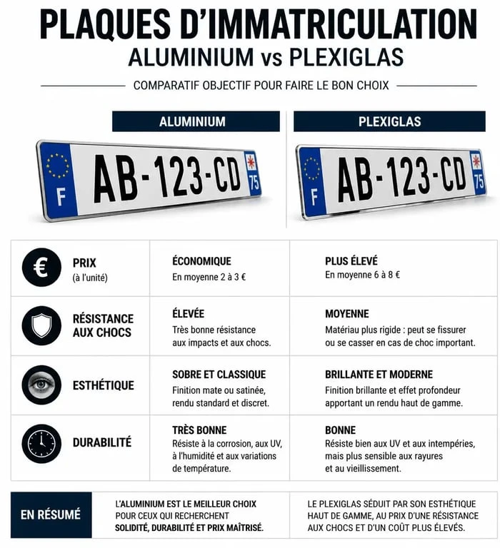 Comparatif des matériaux pour plaque d'immatriculation et département : aluminium vs plexiglas