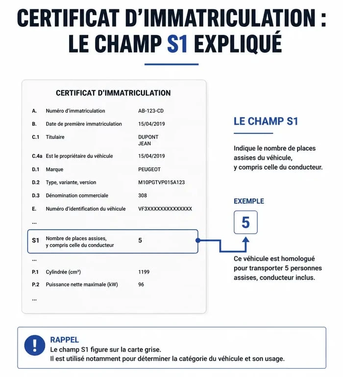 Emplacement du champ S1 indiquant le nombre de places sur une carte grise