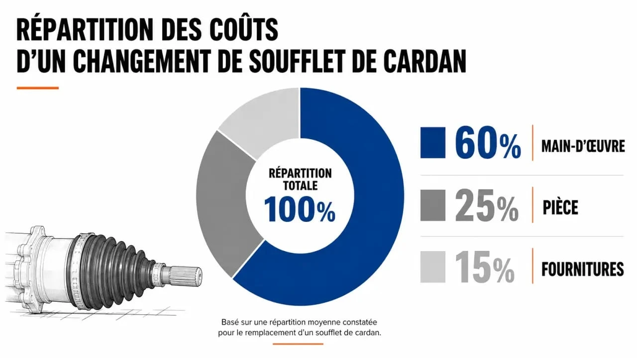 Répartition des coûts pour un changement de soufflet de cardan : part de la main-d'œuvre, des pièces et des fournitures