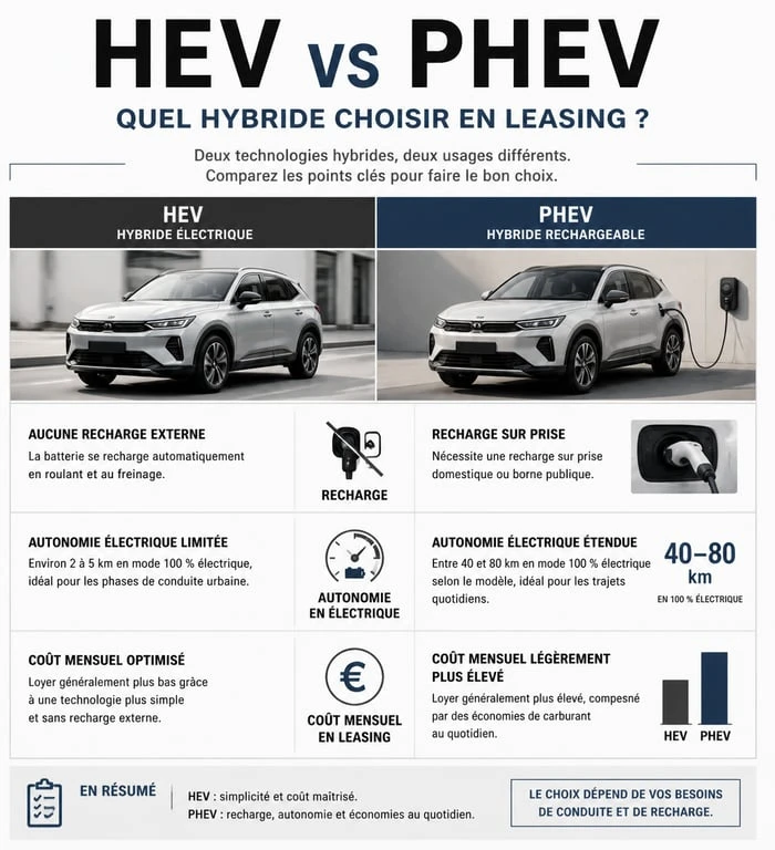 Comparatif leasing voiture hybride HEV vs PHEV