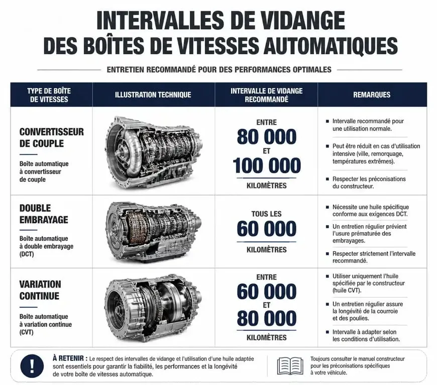 Tableau des intervalles de vidange recommandés pour les boîtes de vitesses automatiques selon le type de transmission