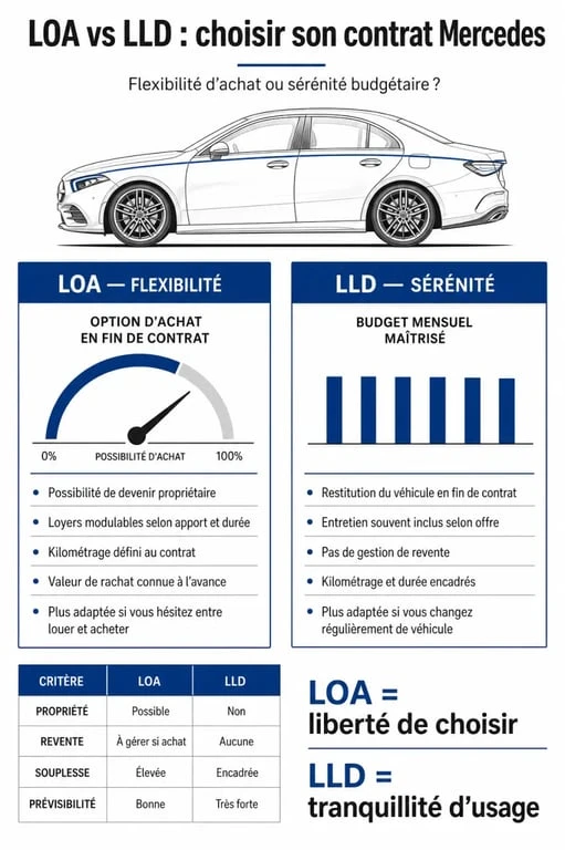 Comparatif des solutions de leasing voiture Mercedes entre LOA et LLD