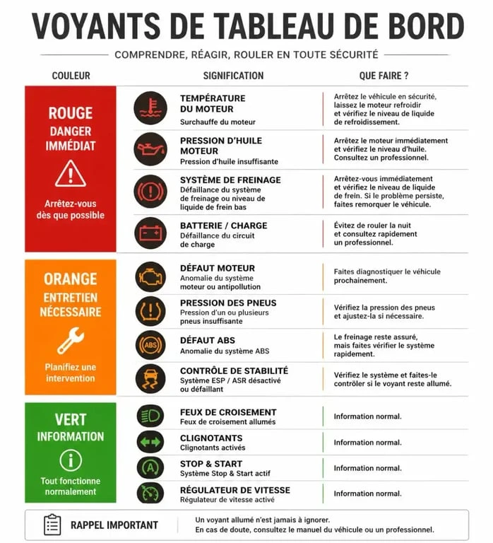 Infographie des voyants de tableau de bord de voiture classés par couleur et urgence