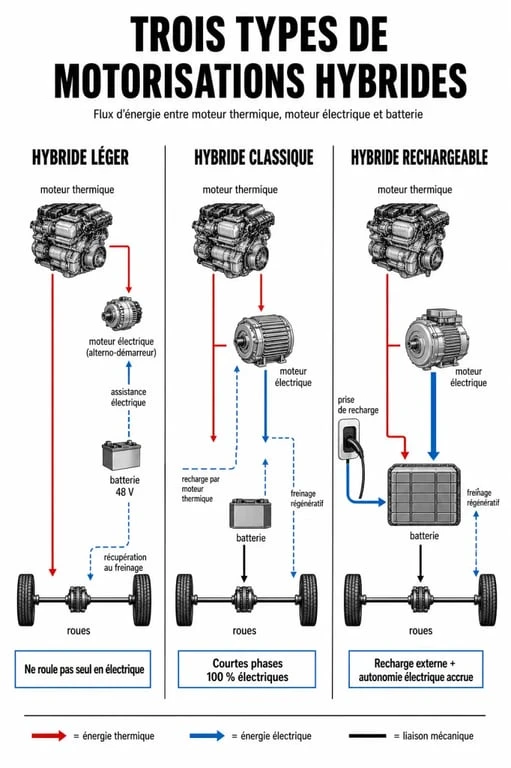 Infographie comparative des technologies hybrides : hybride léger, hybride classique et hybride rechargeable pour choisir sa voiture hybride