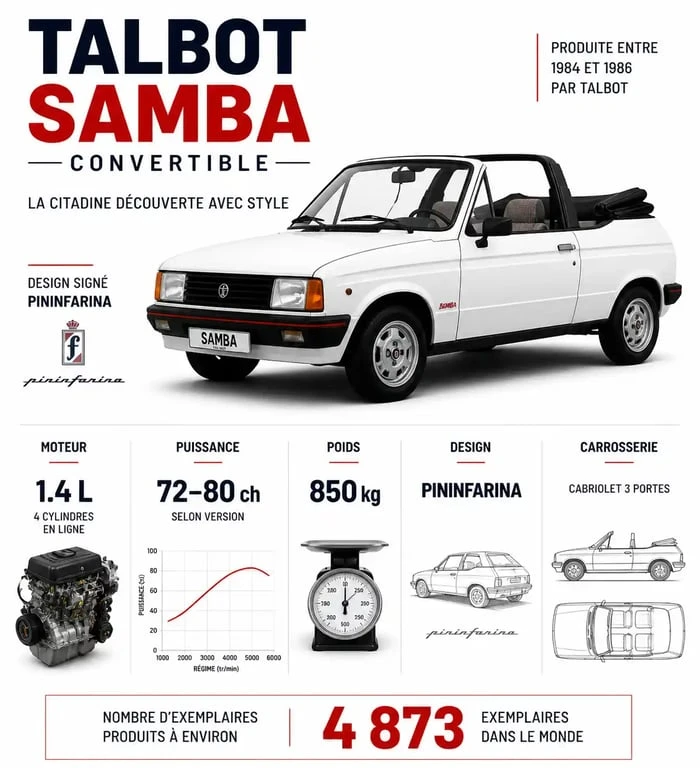 Infographie des caractéristiques techniques et historique de la Talbot Samba convertible