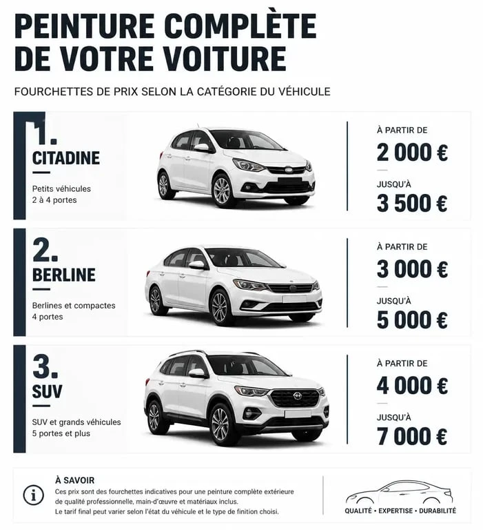 Tableau comparatif des prix pour une peinture complète de voiture par catégorie de véhicule