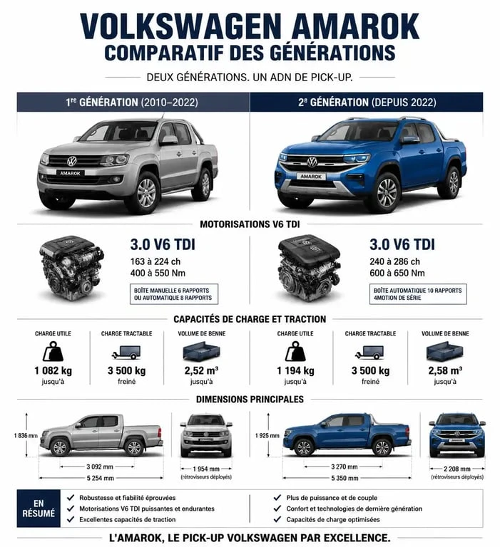 Infographie technique des spécifications et évolutions du pick-up Volkswagen Amarok