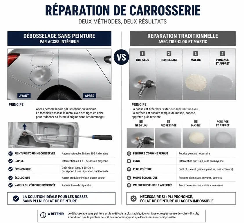 Schéma comparatif des techniques de redressage de carrosserie : débosselage sans peinture vs réparation traditionnelle