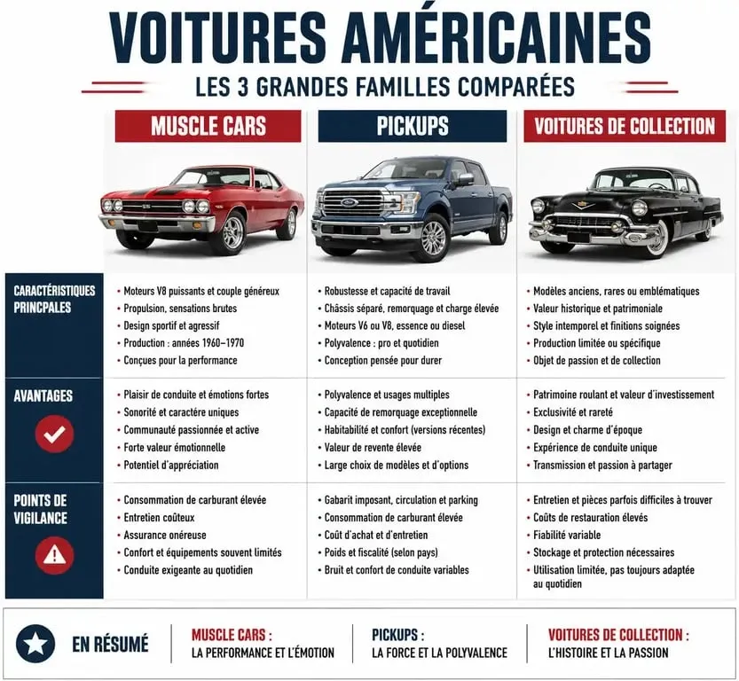 Infographie comparative des types de voitures américaines : Muscle Cars, Pickups et voitures de collection