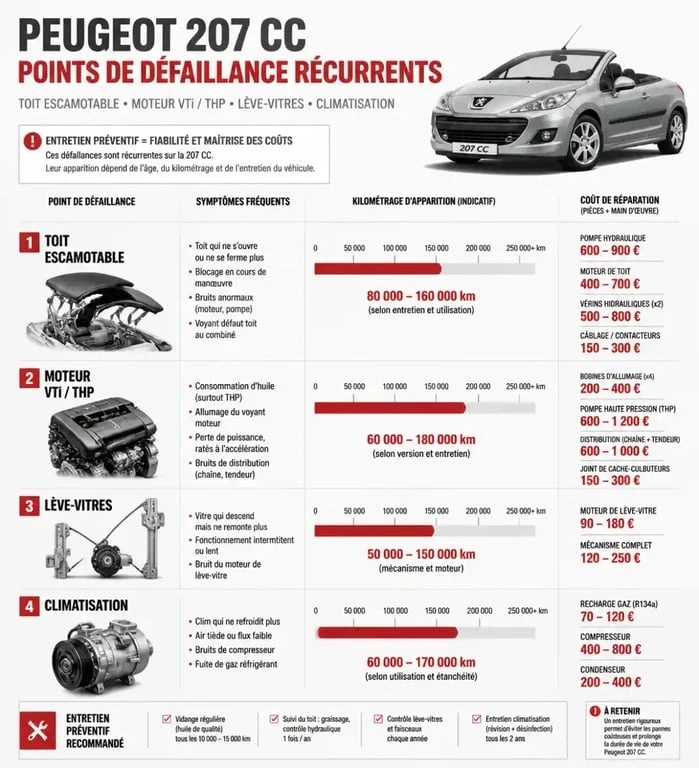 Infographie des problèmes récurrents et coûts de réparation pour Peugeot 207 CC