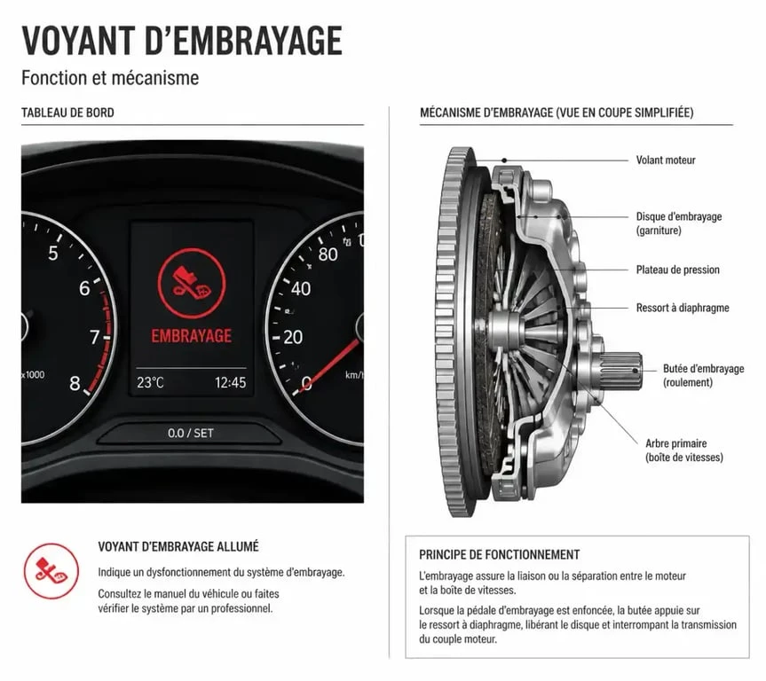Schéma explicatif du voyant d'embrayage sur le tableau de bord et du mécanisme de transmission