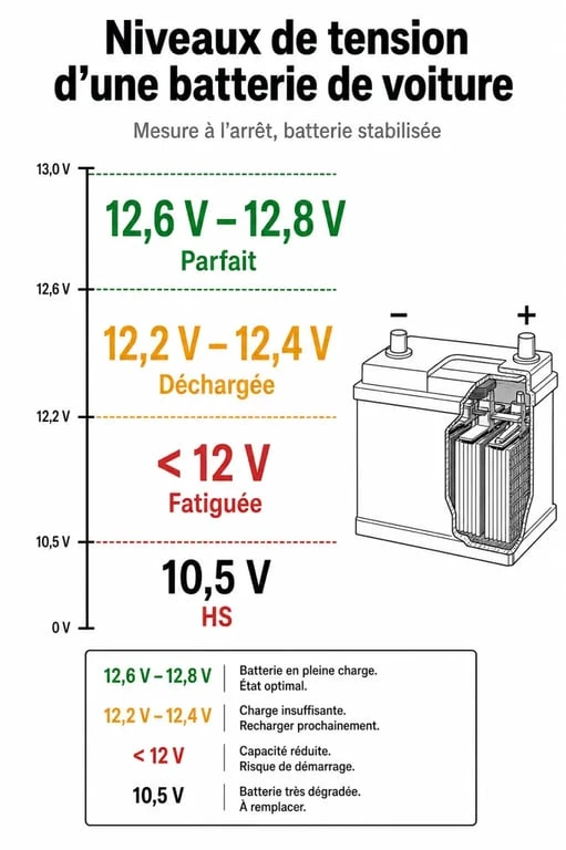 Tableau des niveaux de tension pour diagnostiquer un signe de fatigue batterie voiture