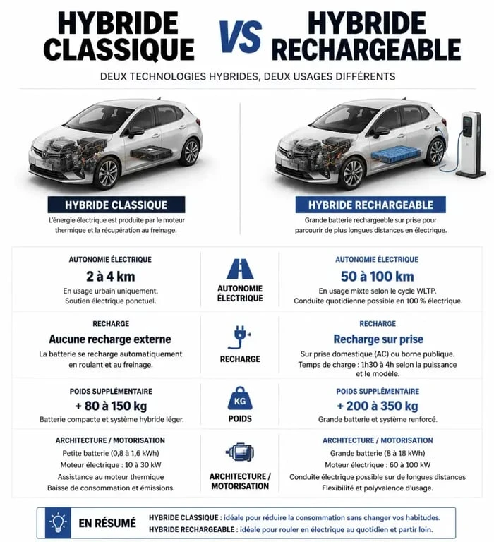Comparatif technique entre voiture hybride classique et hybride rechargeable