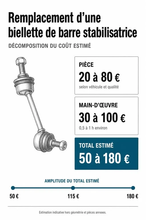 Infographie du coût de remplacement d'une biellette de barre stabilisatrice : prix des pièces et main-d'œuvre.