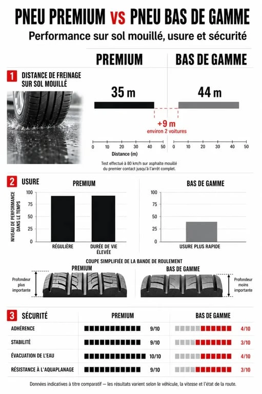 Comparatif des performances entre pneus premium et pneus bas de gamme pour la sécurité routière