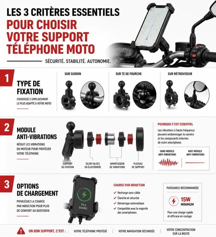 Infographie des critères de choix pour le meilleur support téléphone moto : fixation, amortisseur de vibrations et charge.