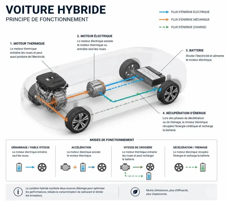 Schéma explicatif du fonctionnement d'une voiture hybride et du flux d'énergie entre moteur et batterie