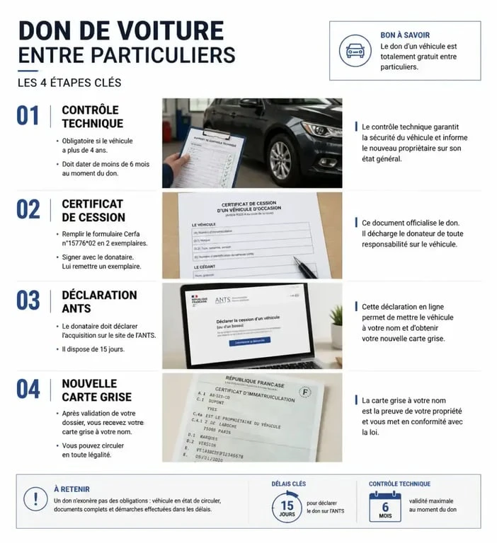 Infographie des étapes administratives pour le don de voiture entre particuliers